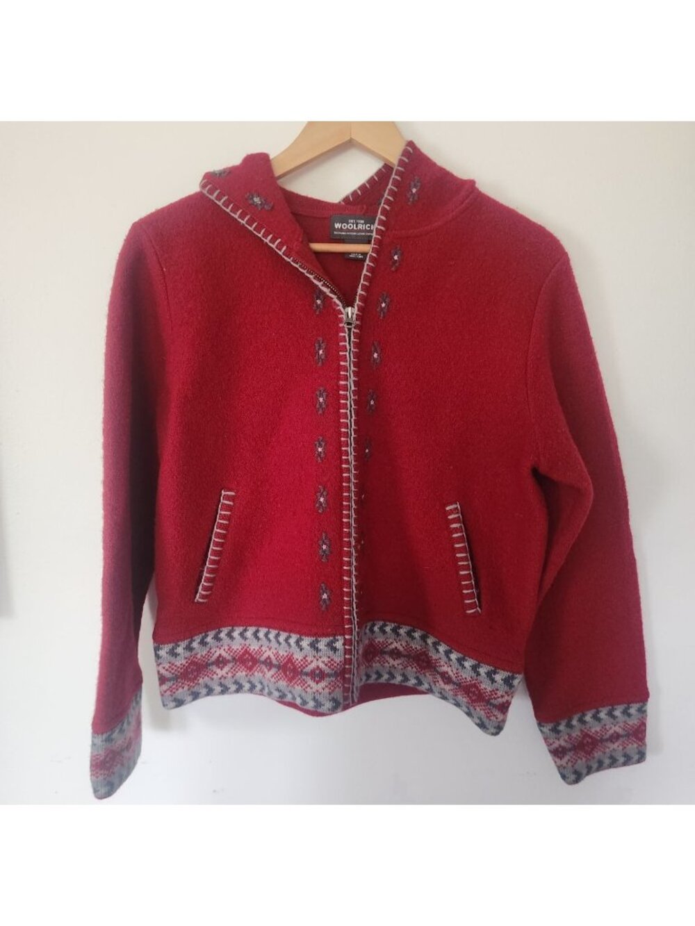Woolrich Women's Sz. M Red 100% Wool Full Zip Embroidered Jacket